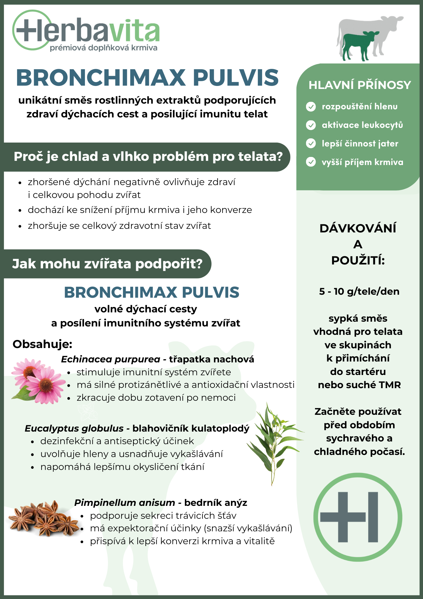 Bronchimax Pulvis - unikátní sypká směs rostlinných extraktů podporujících zdraví dýchacích cest a posilující imunitu telat